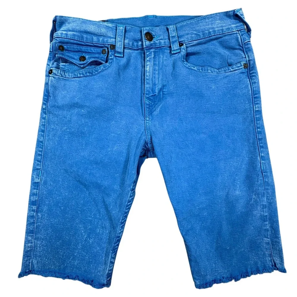 True Religion Ricky Flap Denim Shorts Mens 34x13 Blue Relaxed Straight Cut Off
